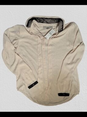 NWT LOFT Cream Button-Front Shirt Lace Black Trim Cuffs XS